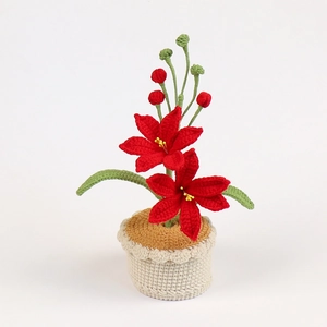 Detailed view of handmade crochet red floral potted plant with green leaves and cream base