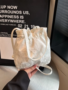 Butterfly Embroidery Drawstring Bucket Bag With Artificial Pearl Decor Satin Crossbody Handbag For Women Sweet Floral Style
