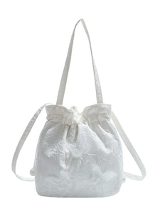 White lace embroidery drawstring bucket bag with 3D butterfly floral applique decor