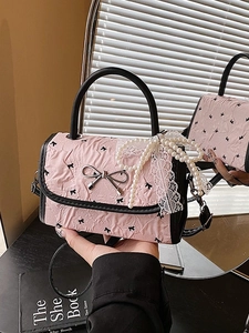 Sweet Korean Style Pink PU Leather Handbag Women Niche Bow Heart Print Single Shoulder Crossbody Bag With Artificial Pearl Lace Charms