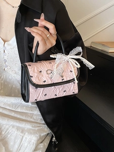 Pink bow mini handbag with lace pearl charms and black polka dots for women