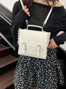 Sac à dos en cuir PU blanc crème avec bordure en dentelle et nœuds décoratifs