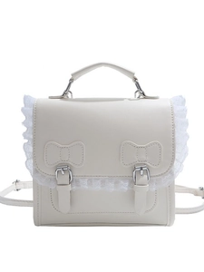 Sac à dos en cuir PU blanc cassé style preppy avec bordure en dentelle et nœud femme