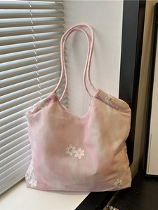 Women Tote Bag Lace Flower Embroidery Large Capacity Tie Dye Pattern Mesh Shoulder Handbag Romantic Sweet Style