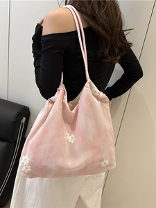 Pink Chinese style tote bag with white lace floral embroidery and slim shoulder straps