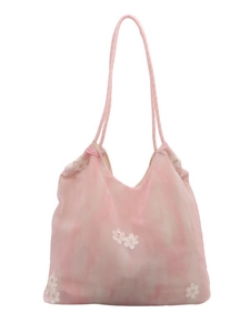 Pink sheer mesh tote bag with 3D white floral embroidery for women in Chinese style