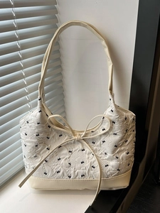 Bolso de Hombro de Lona Acolchada para Mujer con Lazo Jacquard Bolso de Axila Con Fondo de Cuero de PU Y Cierre Magnético