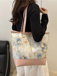 Floral embroidered tote bag with pink faux leather trim and large capacity for women