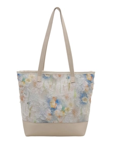 Floral embroidery beige tote bag with lace textures and premium leather straps