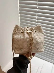 Floral Embroidery Woven Bucket Bag With Metal Chain Strap And Faux Artificial Pearl Drawstring Retro Straw Crossbody For Women