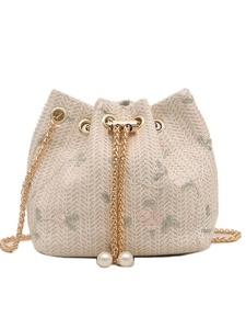 Lace woven drawstring bucket bag with floral embroidery and pearl chain strap
