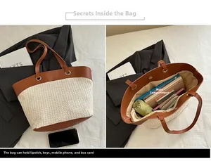 Detail view of woven straw tote bag with brown PU leather trim and spacious inner compartment
