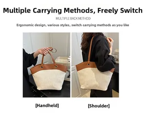 Detail of woven straw tote bag with brown leather handles and dual carrying options