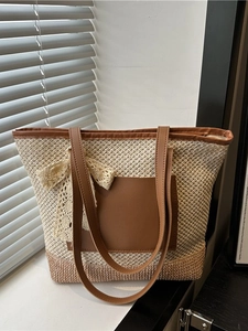 Women Large Capacity Straw Woven Tote Bag Summer Beach Shoulder Bag With Lace Bow Decor Leather Patchwork Handbag