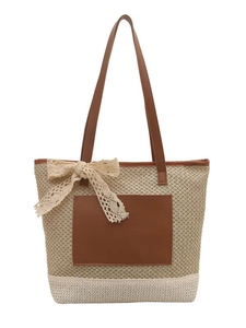 Summer woven straw tote bag with brown leather pocket and elegant lace bow decoration