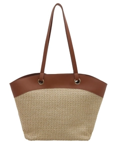 Large woven straw tote bag with brown leather handles for summer beach vacations