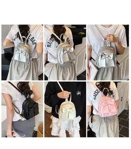 Collage of chic bow-decorated mini backpacks in silver, black, beige, and pink colors