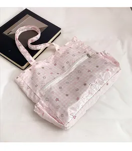Rosa karierte Tragetasche mit Sternenmuster, Reißverschlusstasche und Schultergurt