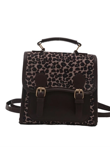 Britischer Leopard-Rucksack mit braunem Lederbesatz und Vintage-Metallschnallen