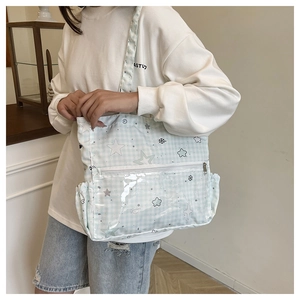 Detail der minzgrünen karierten Einkaufstasche mit transparenter Tasche und Sternenprint