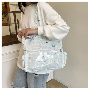 Detail von hellblauem Karo-Rucksack mit Sternprint und transparenter PVC-Tasche