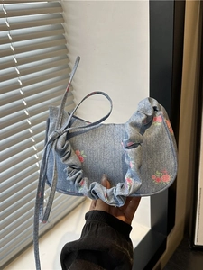 Women Sweet Denim Underarm Bag Floral Rose Print Bow Handbag Ruched Handle Shoulder Bag Retro Y2K Style Casual Small Tote