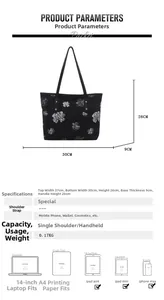 Detailed size diagram of black tote bag showing 30x26x9cm dimensions and capacity comparison