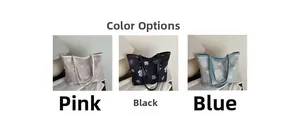 Three color options of floral canvas tote bags in pink, black, and blue patterns
