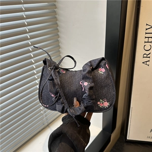 Γυναικεία Τσάντα Μασχάλης Ντένιμ Vintage Floral Rose Φιόγκος Κέντημα Γλυκό Hobo Τσάντα Ώμου Streetwear Μόδα