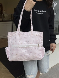 Rosa karierter Rucksack mit Sternenmuster und transparenter Vordertasche für Studenten