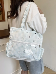 Niedlicher blau karierter Rucksack für Mädchen mit Cartoon-Mustern und PVC-Tasche