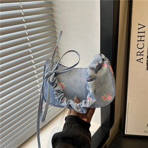 Floral Rose Denim Shoulder Bag With Pleated Handle Bow Embroidery Sweet Retro Underarm Bag For Women Versatile Fashion Handbag