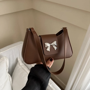 Women Fashion PU Leather Shoulder Bag With Metal Bowknot Decoration Trendy Baguette Bag For Daily Casual Matching