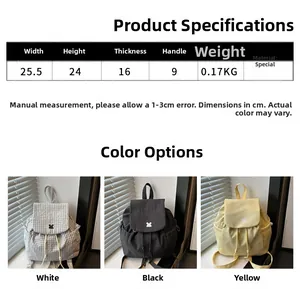 Size guide for women plaid canvas backpack showing dimensions 25.5x24x16cm and colors