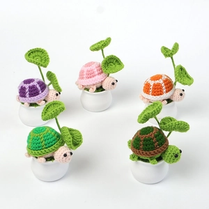 Detailed set of five handmade crochet turtle succulents in white ceramic pots
