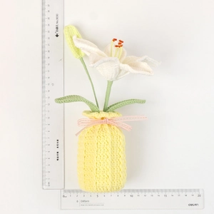 Handmade crochet white lily in yellow pot with scale measurements, 26cm height home decor