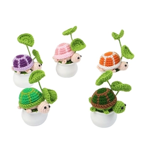 Handmade crochet turtle potted plants in five colors with ceramic pots for desk decor