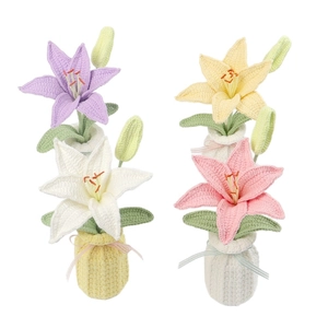 Handmade crochet lily flower pot set in four colors for home desktop decoration