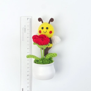 Handmade crochet bee with red flower in ceramic pot, cute desktop plant decor, 14cm tall