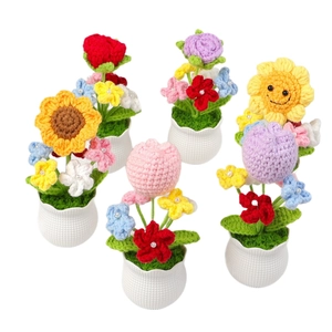 Handmade crochet sunflower and tulip potted plant set for home and car desktop decor