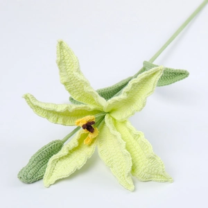 Detail of handmade crochet lily flower with green petals and intricate knitted texture