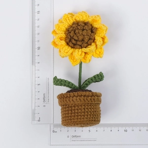 Handmade crochet sunflower car ornament in pot for dashboard, height 15cm