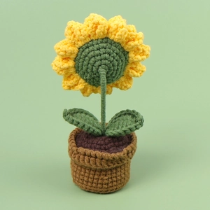 Handmade knitted sunflower plant in a pot, creative car dashboard decor ornament
