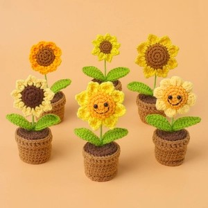Pianta in Vaso con Girasole all'Uncinetto Fatta a Mano Filato di Lana Lavorato a Maglia Sorriso Cuore Decorazione da Tavolo Fiori Artificiali Regalo di Laurea