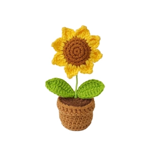 Girasole all'uncinetto fatto a mano in vaso con petali gialli e centro marrone decorativo
