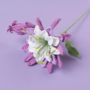 Handmade crochet Epiphyllum flower with purple petals and green stem for home decor