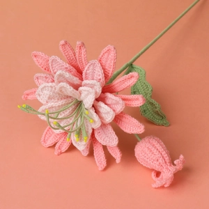 Handmade crochet pink flower bouquet with green stems for home decor and gifts