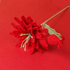 Detailed view of hand-crocheted red queen of the night flower with green stem and bud