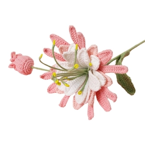 Handmade crochet Epiphyllum flower bouquet with pink petals and green leaves for home decor
