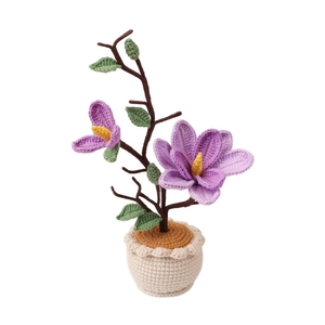 Handmade crocheted purple magnolia potted plant with white base for home decor